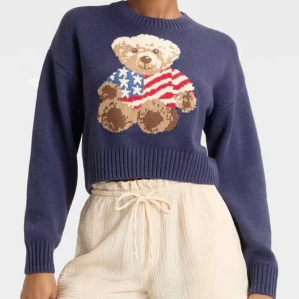 GRAYSON/THREADS | Navy Blue American Flag Bear Crop Sweater | Size Small